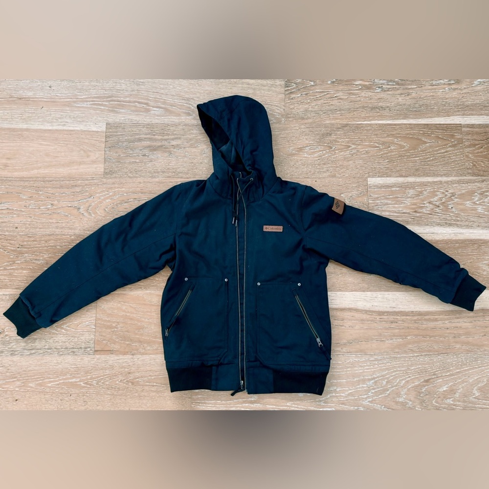 Columbia Hooded Bomber Jacket Men’s Small Black Fleece Lined Winter Coat
